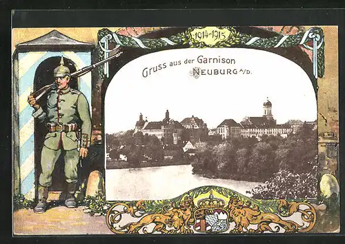 AK Neuburg a /D., Schloss im Passepartoutrahmen Soldat am Wachhäuschen