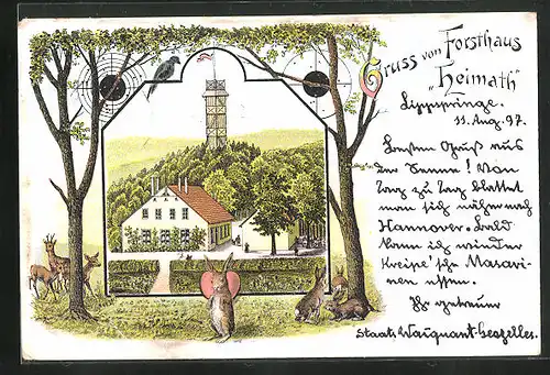 Lithographie Bad Lippspringe, Gasthaus Forsthaus Heimath, davor ein Hase