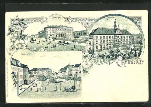 Lithographie Chemnitz, Bahnhof, Rathaus, Neumarkt