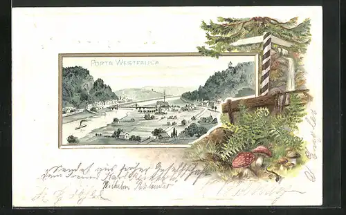 Passepartout-Lithographie Porta Westfalica, Panoramablick auf den Ort und die Weser