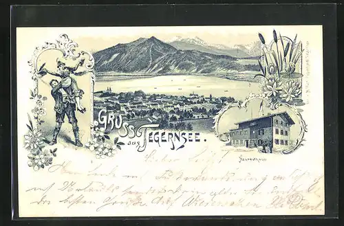Lithographie Tegernsee, Gasthof Neureuthaus, Ortsansicht aus der Vogelschau