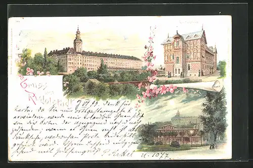 Lithographie Rudolstadt, Hotel Rudolsbad, Schloss, Anger