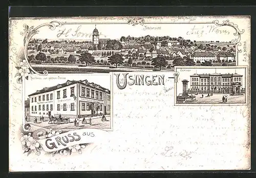 Lithographie Usingen, Totalansicht und Partie am Seminar und dem Gasthaus Zur Goldenen Sonne