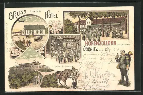Lithographie Dörnitz, Hôtel Hohenzollern, Offizier-Casino, Festsaal, Soldat mit Pferd, Pferdekutsche, Sommerfest