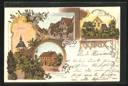 Lithographie Fischbeck, Gasthof zum Deutschen Hause, Kirche, Kolonialwarenhandlung v. J. Struck, Villa Weibezahn