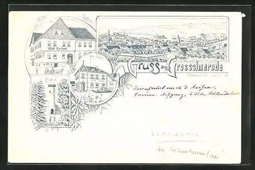 Lithographie Grossalmerode, Hôtel Kurfürst, Gesamtansicht, Bilstein, Kaiserliches Postamt