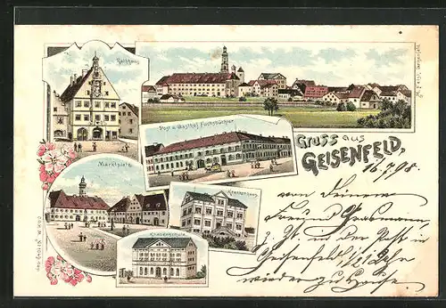Lithographie Geisenfeld, Post u. Gasthof Fuchsbüchler, Totalansicht, Rathaus, Marktplatz, Krankenhaus, Knabenschule