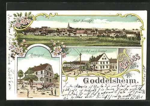 Lithographie Goddelsheim, Gasthof v. L. Goebel, Totalansicht, Rittergut, Pferdekutsche