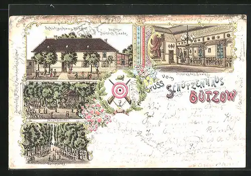 Lithographie Bützow, Schützenhaus v. Heinrich Baade, Musikpavillon, Gartenallee, Festsaal, Schützenverein, Zielscheibe