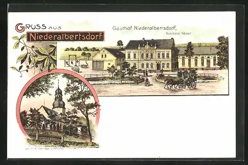 Lithographie Niederalbertsdorf, Gasthof mit Kutsche und Turnplatz, Kirche