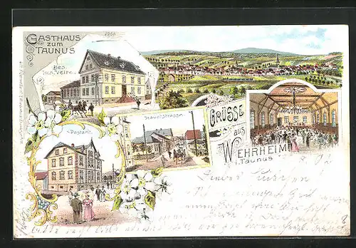 Lithographie Wehrheim /Taunus, Gesamtansicht, Gasthaus zum Taunus, Postamt, Hauptstrasse & Festsaal