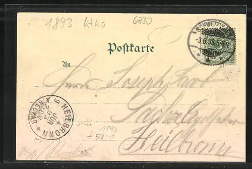 Vorläufer-Lithographie Schwetzingen, Schloss, Kaiser Friedrich-Felsen, Apollotempel & Moschee, 1893