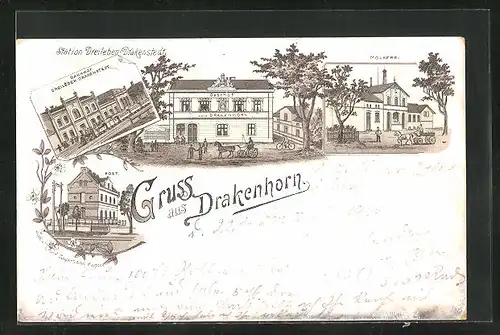 Lithographie Drakenhorn, Bahnhof, Molkerei, Post & Gasthof zum Drakenhorn
