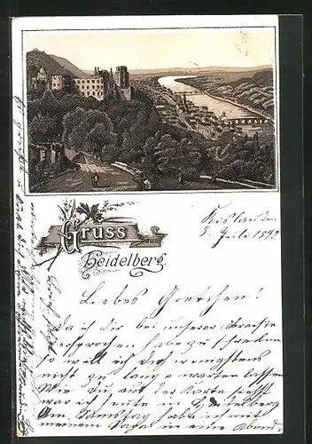 Vorläufer-Lithographie Heidelberg, Ortsansicht mit Schloss, 1892