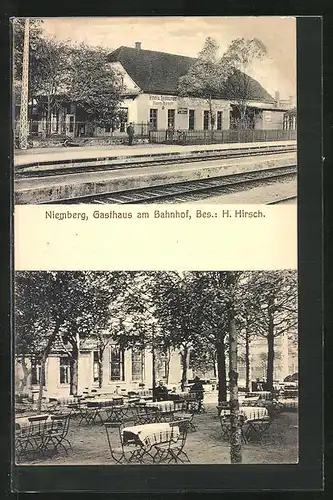 AK Niemberg, Gasthaus am Bahnhof, Bes. H. Hirsch, Aussenansicht & Gartenbereich