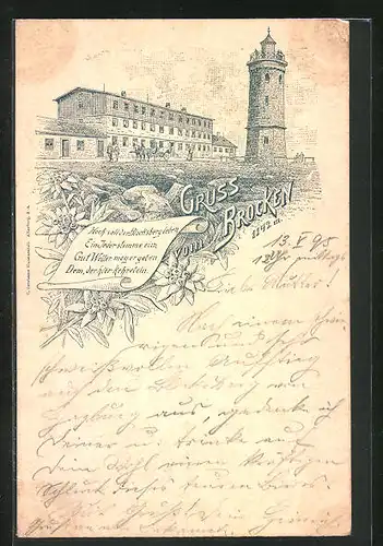 Vorläufer-Lithographie Brocken, Aussichturm und Gasthaus auf dem Brocken, 1895