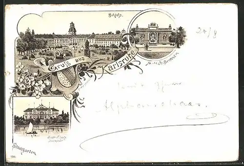 Vorläufer-Lithographie Karlsruhe, Schloss, Stadtgartenmotiv & Malsch-Brunnen, 1893