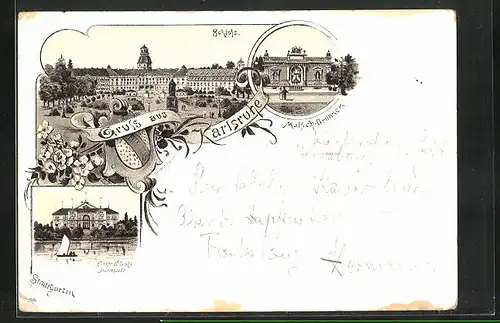 Vorläufer-Lithographie Karlsruhe, Schloss, Stadtgartenmotiv & Malsch-Brunnen, 1893