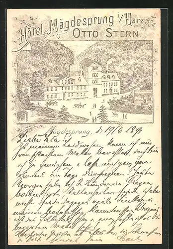 Vorläufer-Lithographie Mägdesprung i. Harz, Hotel Mägdesprung v. Otto Stern, 1891