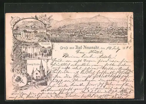 Vorläufer-Lithographie Bad Neuenahr, Gesamtansicht, Evang. Kirche, Trinkhalle & Apollinarisbad, 1891