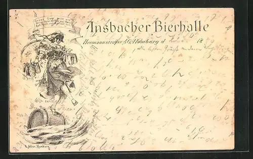 Vorläufer-Lithographie Hamburg, Ansbacher Bierhalle, Hermannstrasse 46, Schankmädchen auf Bierfass, 1889