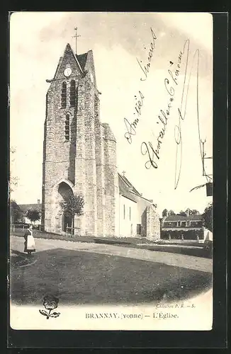 AK Brannay, L`Eglise, Platzpartie vor der Kirche