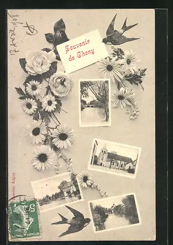 AK Cheny, an der Kirche, die Brücke, Partien am Flussufer