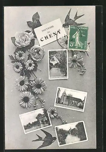 AK Cheny, Brückenpartien, an der Kirche, an der Mühle