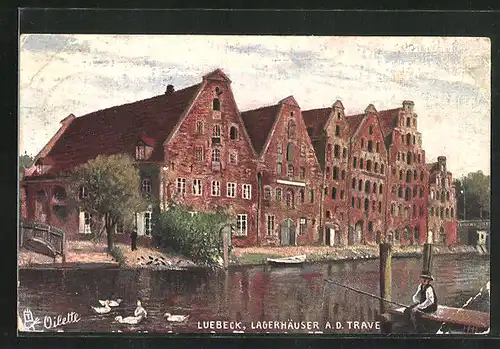 Künstler-AK Lübeck, Lagerhäuser a.d.Trave