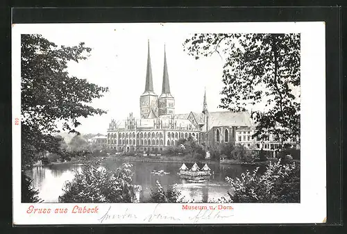 AK Lübeck, Blick vom Ufer auf den Dom und das Museum