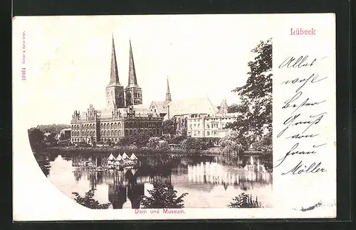 AK Lübeck, Blick vom Ufer auf Dom und Museum