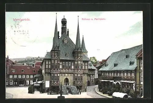 AK Wernigerode im Harz, Rathaus und Marktplatz