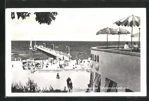 AK Timmendorferstrand, Aussichtsterrasse mit Blick auf die Landungsbrücke