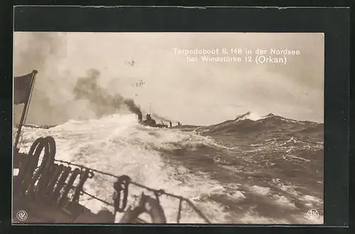 AK Kriegsschiffe, Torpedoboot S. 148 bei Windstärke 12 in der Nordsee