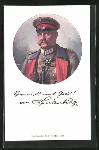 Künstler-AK Paul von Hindenburg, in Uniform mit Orden und Fernglas