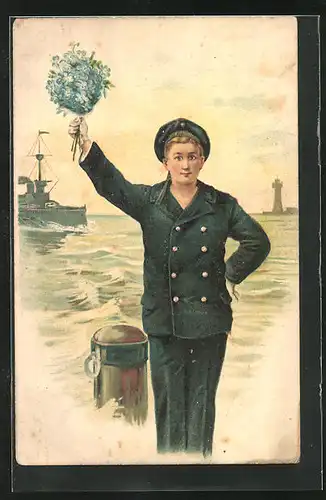 Lithographie Kriegsschiff, Marinesoldat überbringt einen Strauss Blumen, ein Kriegsschiff im Hintergrund