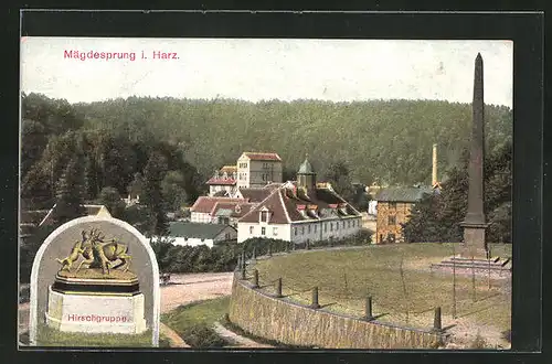 AK Mägdesprung / Harz, Hirschgruppe, Teilansicht mit Denkmal