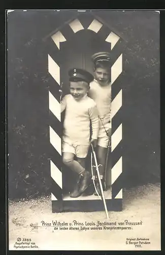 AK Prinz Wilhelm und Prinz Louis Ferdinand in einem Wachhäuschen stehend