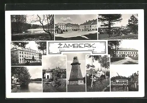 AK Zamberk, Marktplatz, Kirche, Ortsansicht