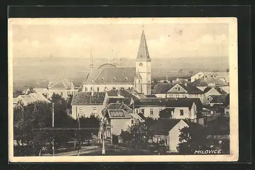 AK Milowitz / Milovice, Teilansicht mit Kirche