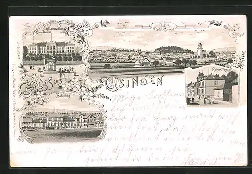 Lithographie Usingen, Bahnhof mit Dampflok, Kaiserliches Postamt, Kgl. Lehrerseminar