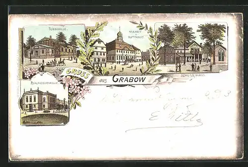 Lithographie Gabow, Restaurant Schützenhaus, Turnhalle, Markt mit Rathaus