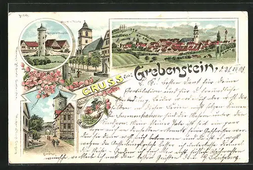 Lithographie Grebenstein, Markt mit Kirche, Burgtor, Totalansicht vom Ort