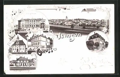 Lithographie Usingen, Bahnhof mit Passagieren, Real-u. Mädchenschule, Landrathsamt