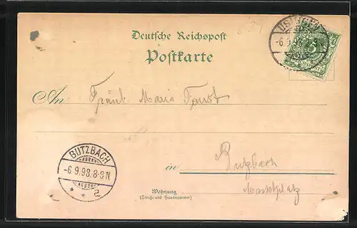 Lithographie Usingen, Bahnhof mit Passagieren, Real-u. Mädchenschule, Landrathsamt