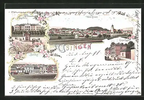 Lithographie Usingen, Bahnhof mit Dampflok, Kaiserliches Postamt, Kgl. Lehrerseminar