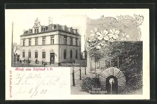 AK Schöneck i. V., Kaiserliches Postamt, Sprude im Stadtpark