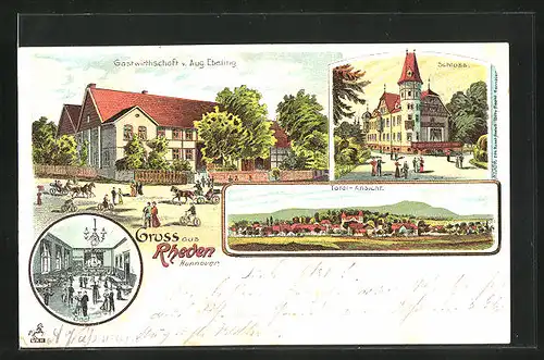 Lithographie Rheden, Gasthaus v. Aug. Ebeling, Schloss, Totalansicht
