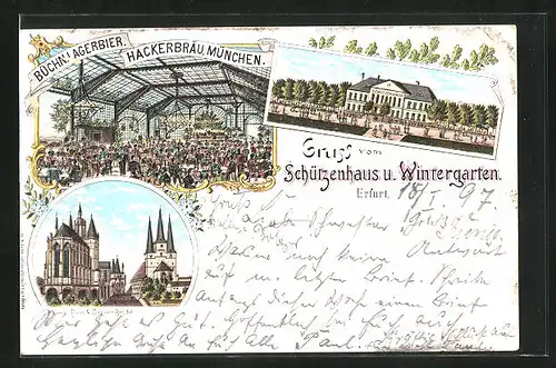 Lithographie Erfurt, Restaurant Schützenhaus mit Wintergarten, Dom u. Serverikirche