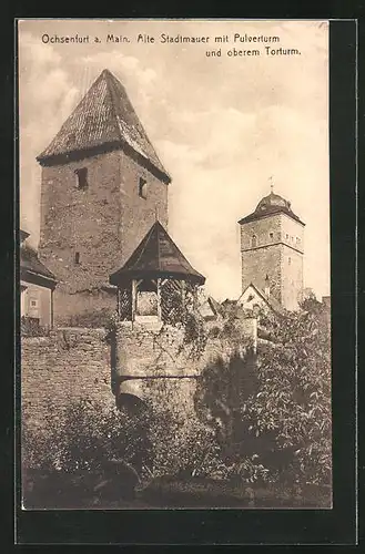 AK Ochsenfurt / Main, alte Stadtmauer mit Pulverturm und oberem Torturm